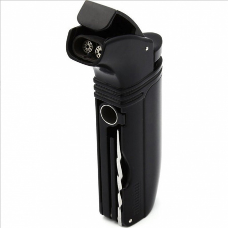 Зажигалка Adorini "Puroso Double Jet Black" турбо двойная с пробойником и шпажкой, черная